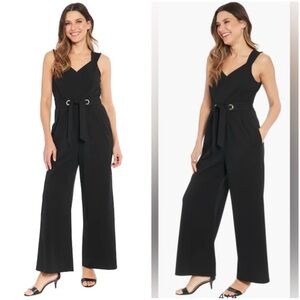 London Times Black Elegant Preppy City Chic Wide-Leg Belted Jumpsuit Sz 10 NWT